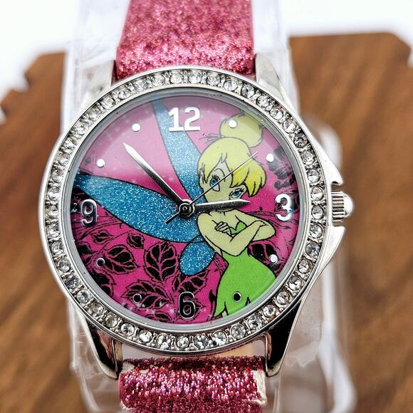 Disney Tinkerbell Fairy Girls Watch Rhinestone Bezel Pink Glitter Band Cutesy - Picture 2 of 7